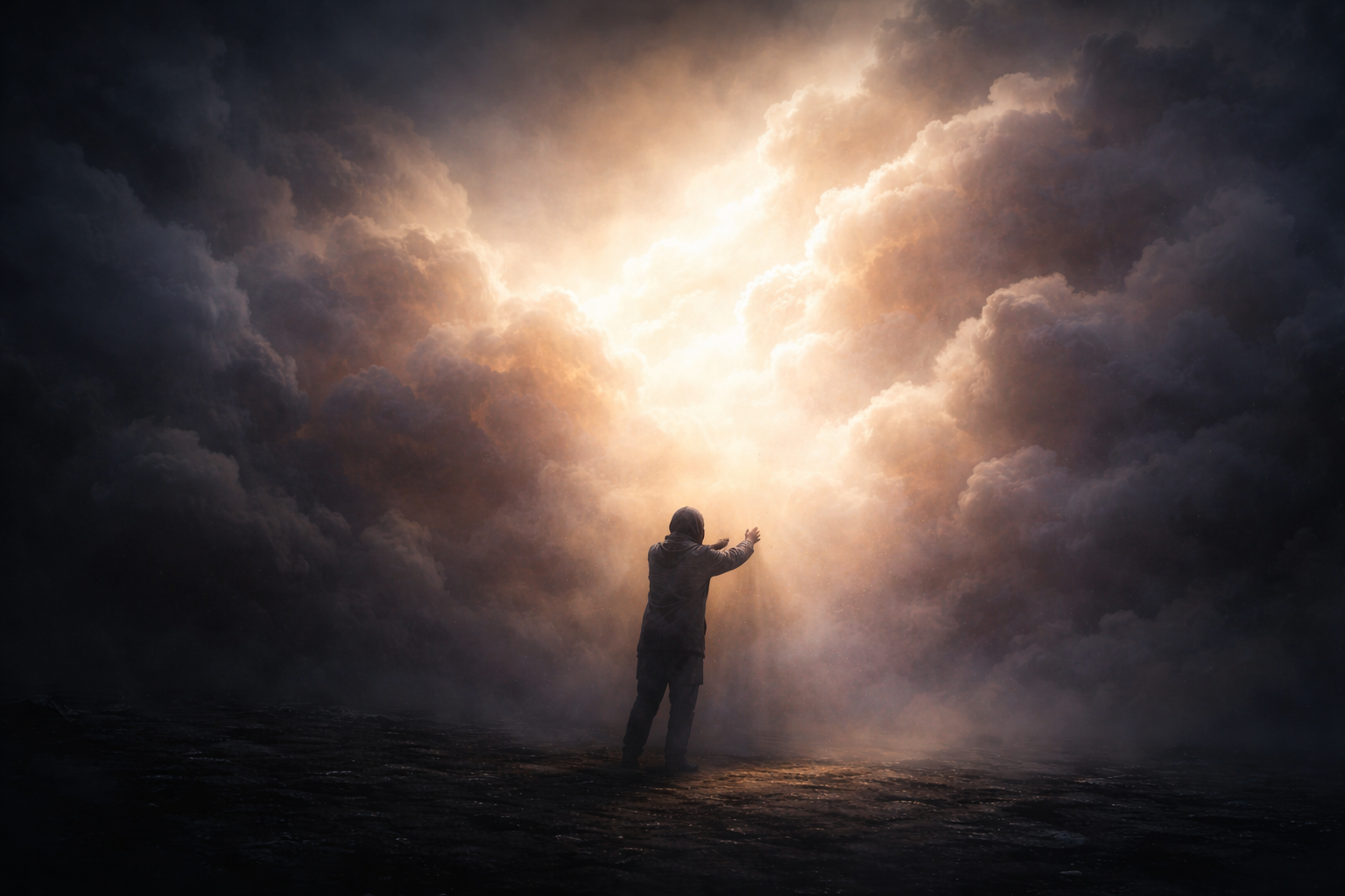 A solitary figure pressing into the edge of an enormous luminous cloud