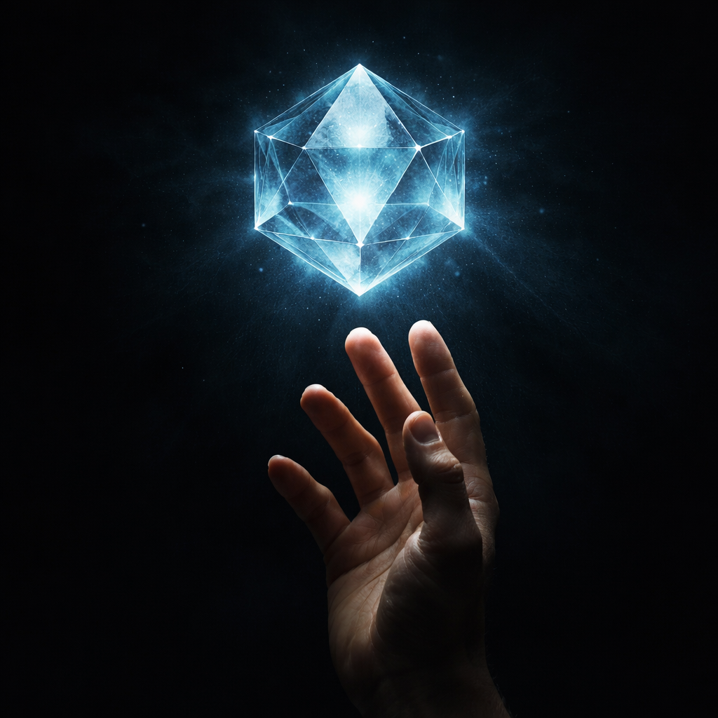 A hand reaching toward a luminous crystalline form suspended in darkness