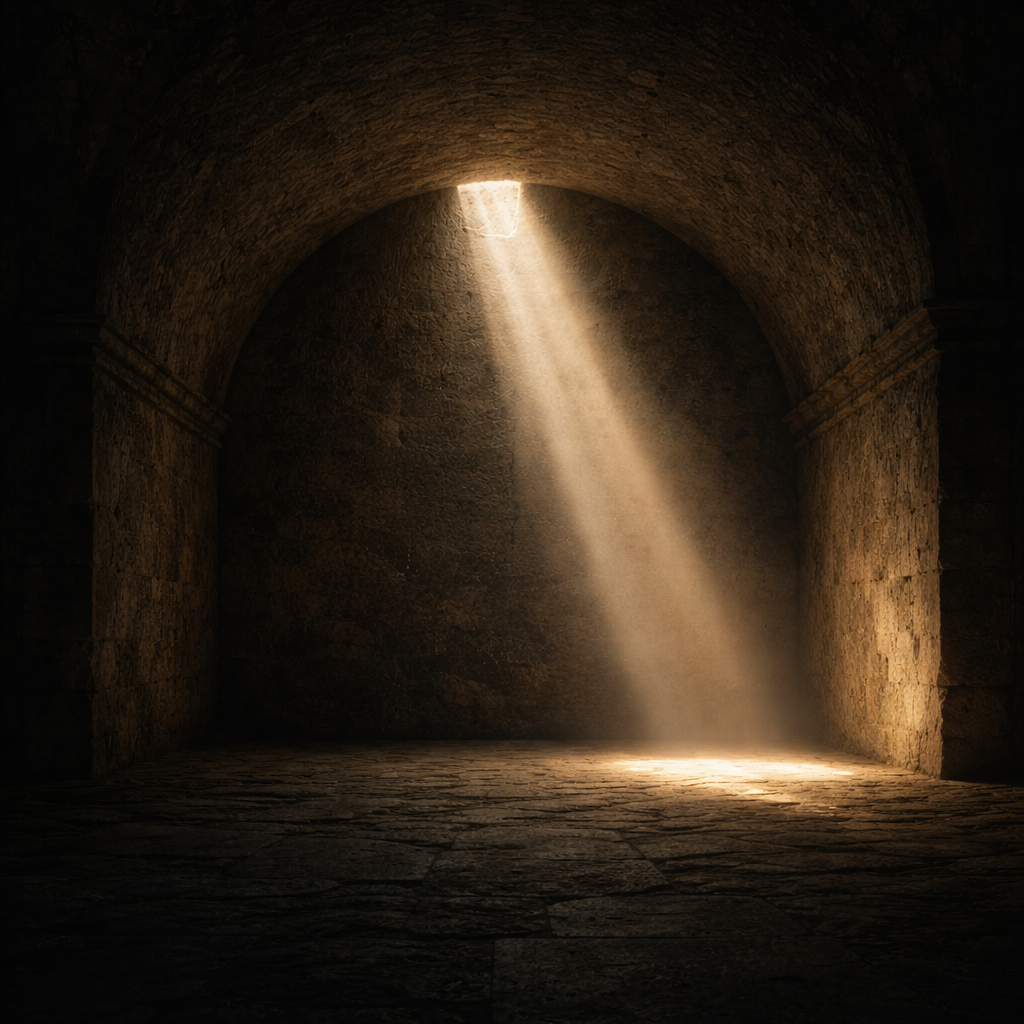 An empty stone interior cut by a single shaft of light