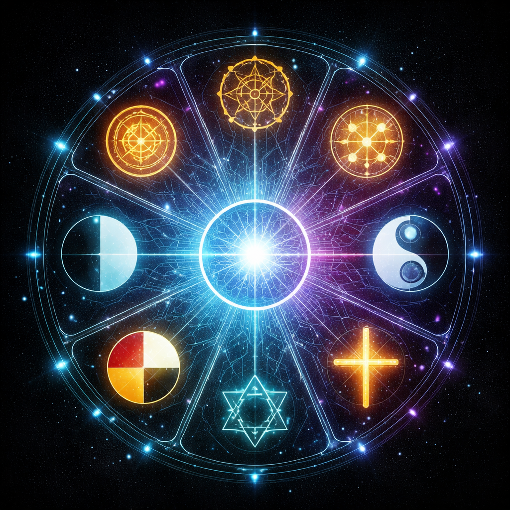 A hand-held lantern casting warm light beside a cool holographic AI interface