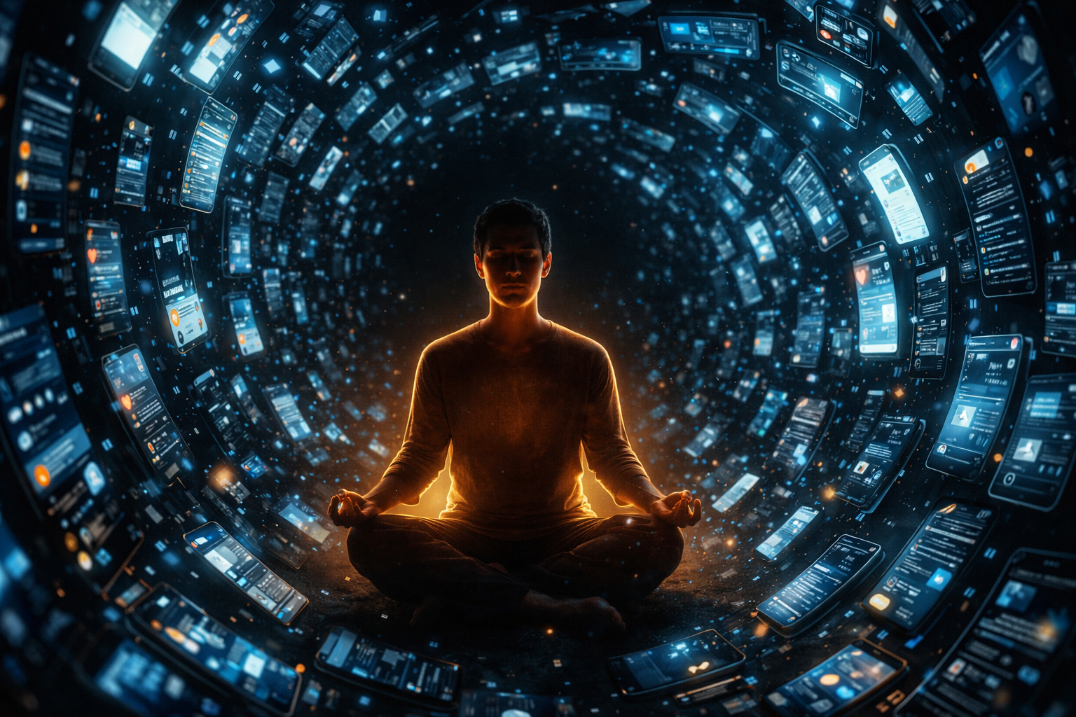 Infinite mirror regress where a human face becomes wireframe, then neural nodes, then pure light