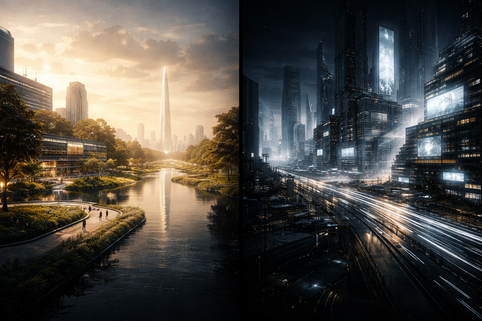 A split future showing a calm stewarded city on one side and an accelerated extractive metropolis on the other