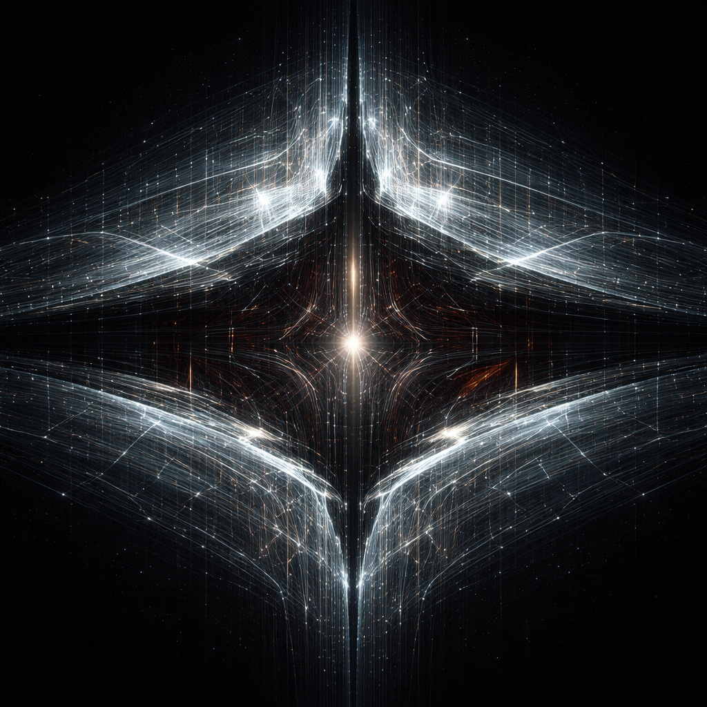 A luminous symmetrical machine structure with a hidden darker layer beneath its ordered surface