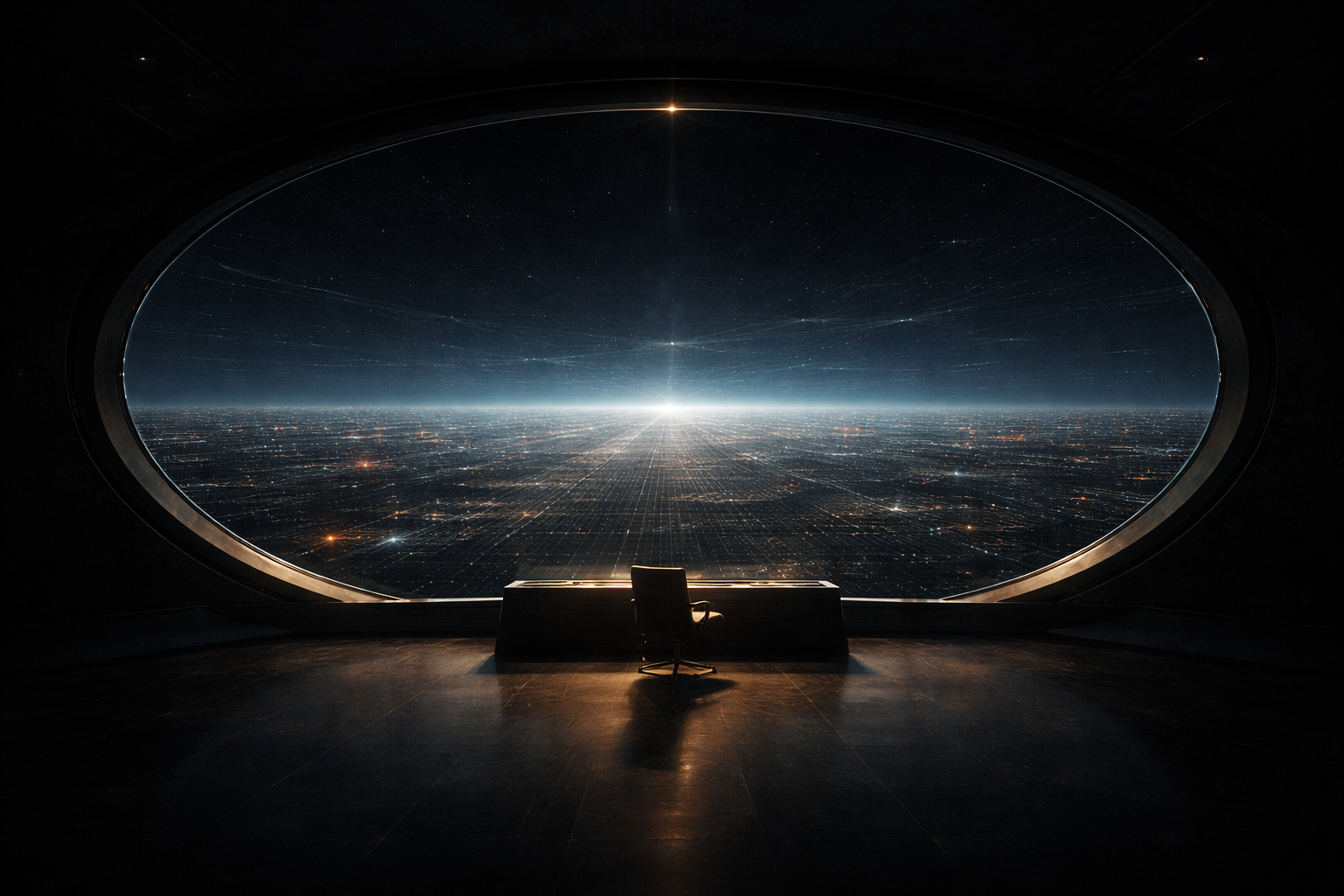 A quiet observatory overlooking a vast illuminated field of systems