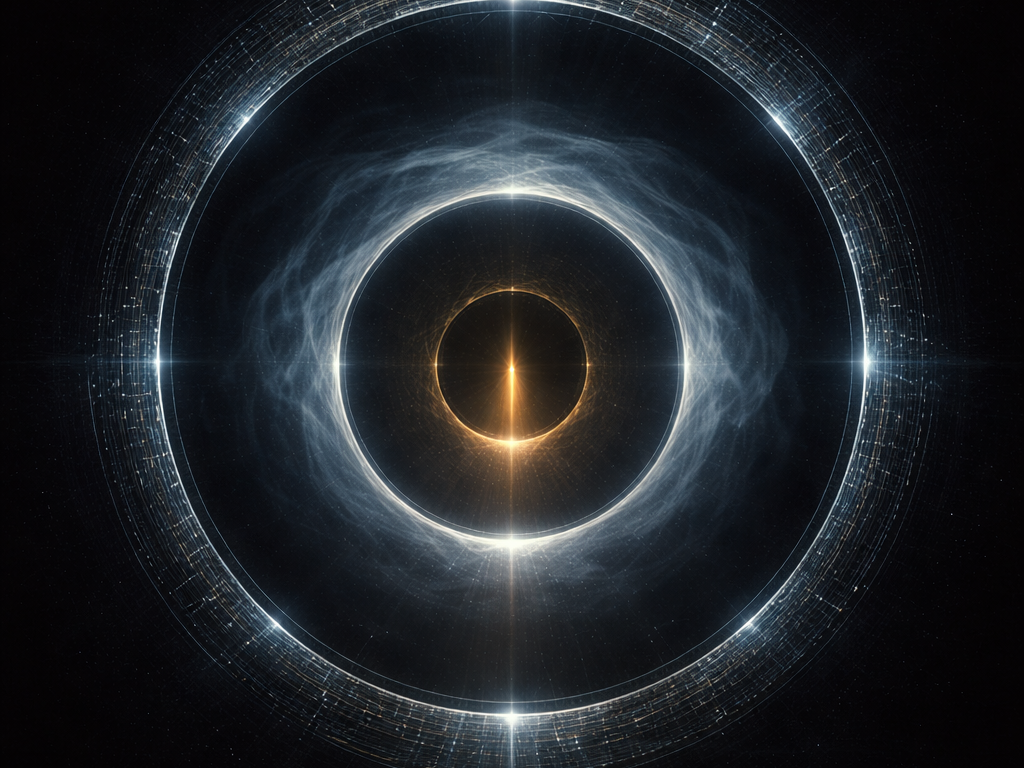 Three nested luminous thresholds suspended in darkness